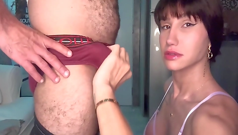 Shy brunette gets fucked by two big cocks in a threesome