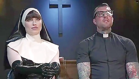 Brunette is wearing stockings and a white top while she gets fucked