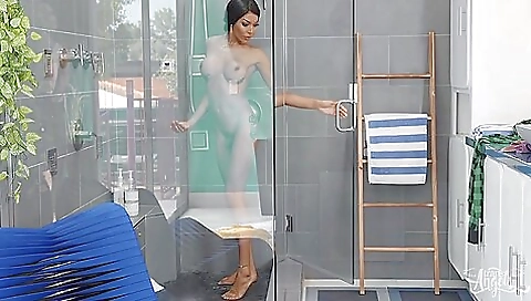 Brunette ebony girl gets fucked by a guy in front of a mirror