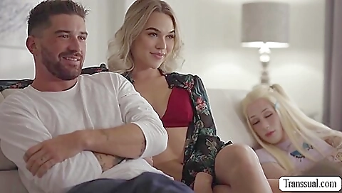 Busty blonde slut 18+ sucks and rides her stepsis' hard cock