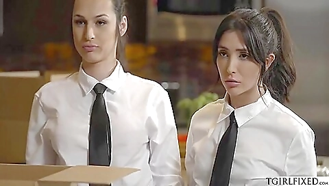 Shemale teen 18+ in sexy lingerie fucked behind counter