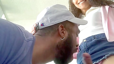 Ebony shemale deepthroat and cum in front of her man