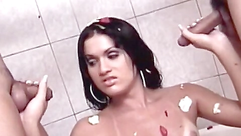 Hairy shemale gets fucked by two boys in threesome